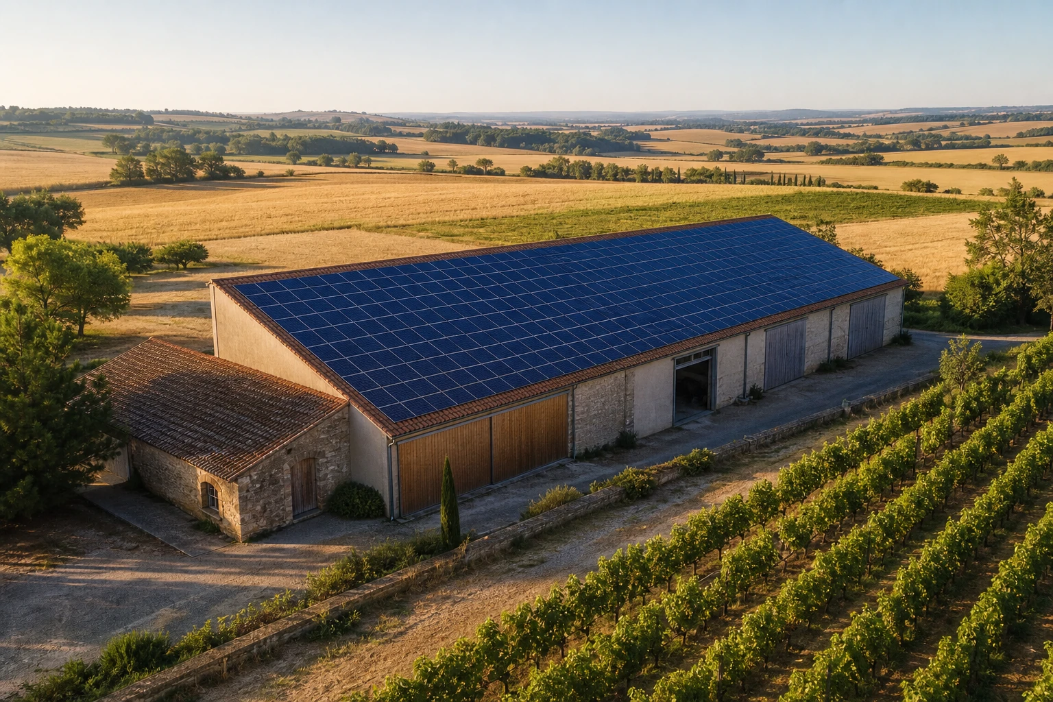 Hangar agricole équipé de panneaux photovoltaïques dans la plaine audoise