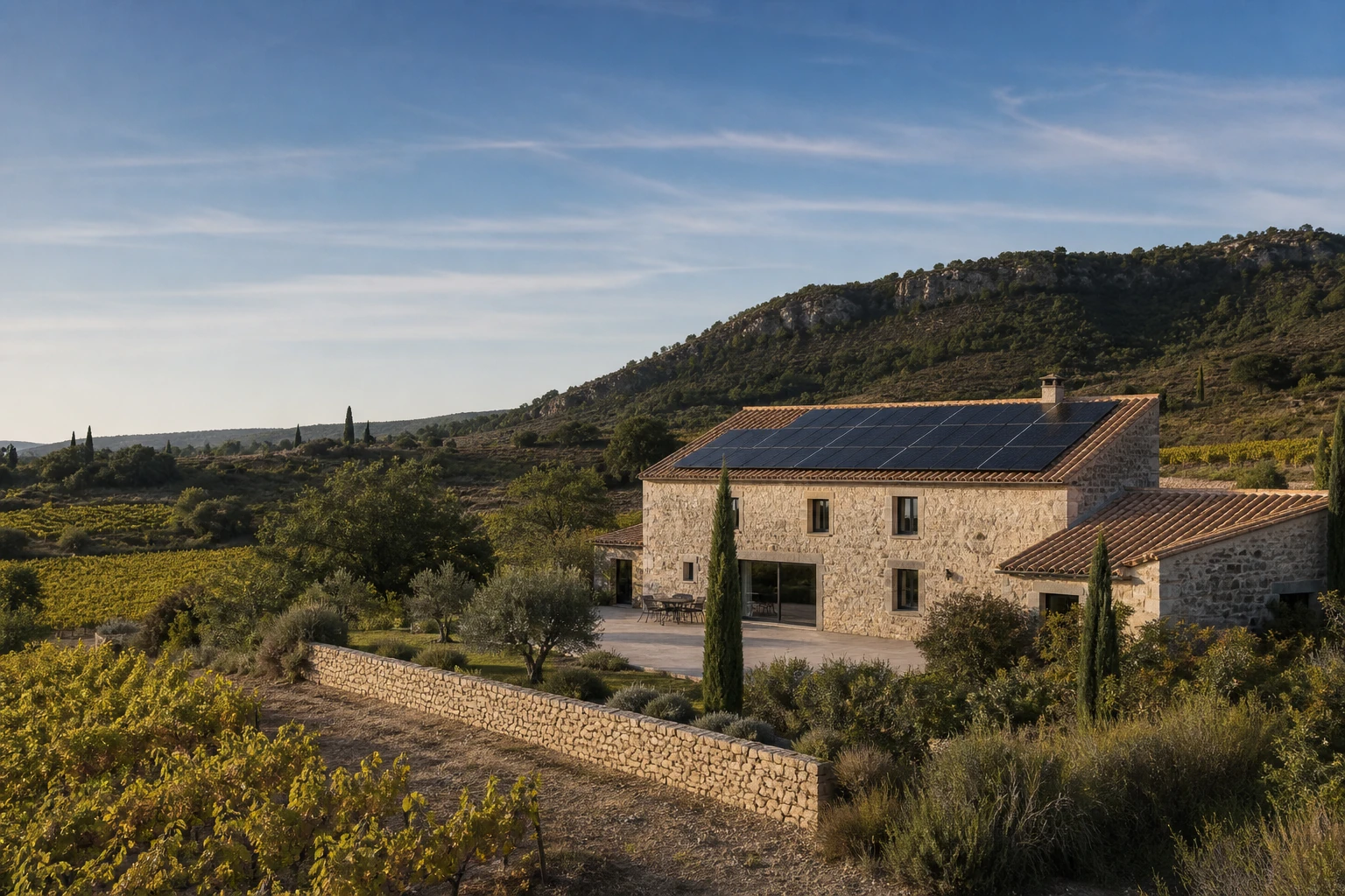 Maison rénovée avec panneaux solaires au bord d’un vignoble de l’Aude