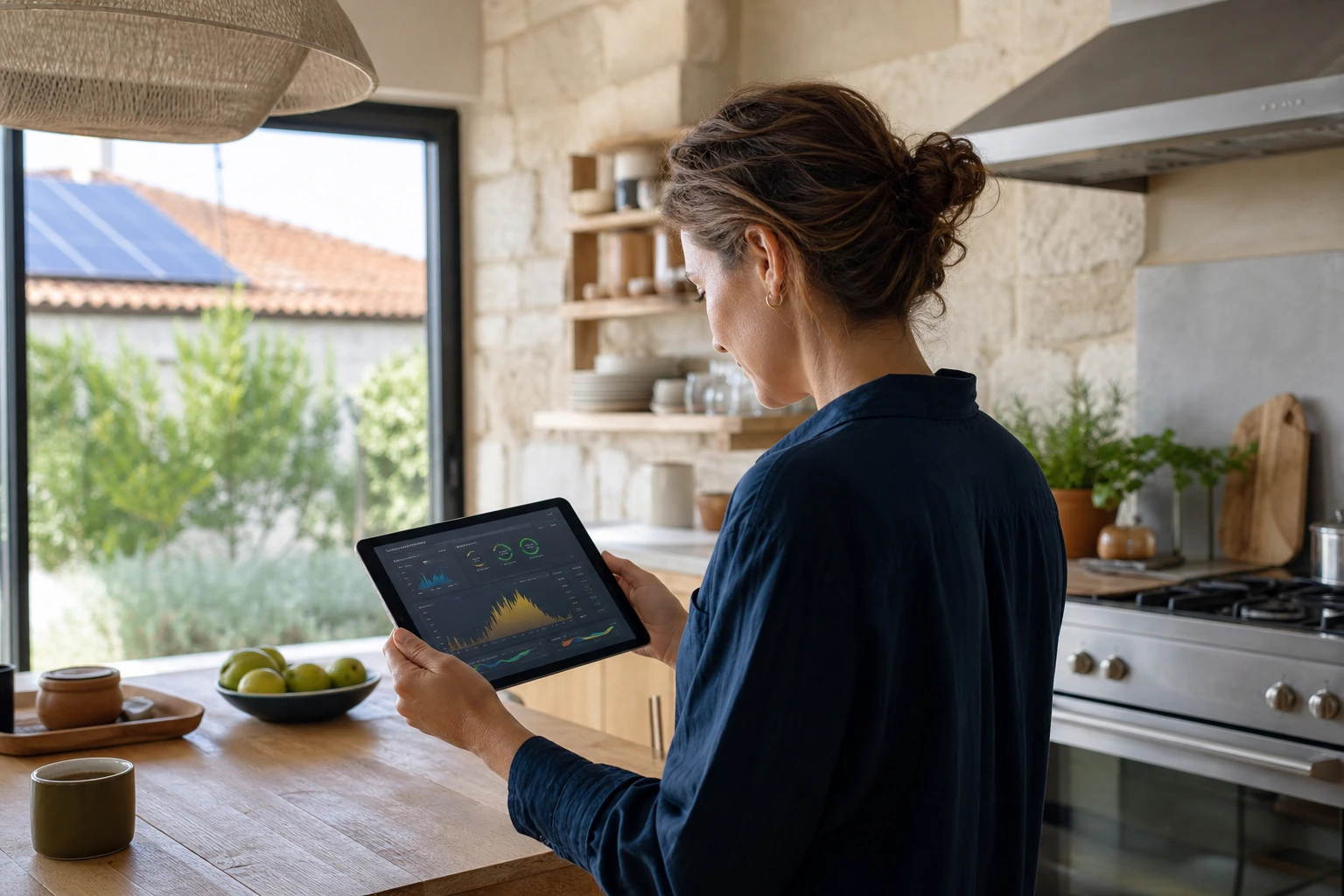 Pilotage de l’autoconsommation Habitante consultant le suivi de sa production solaire sur une tablette