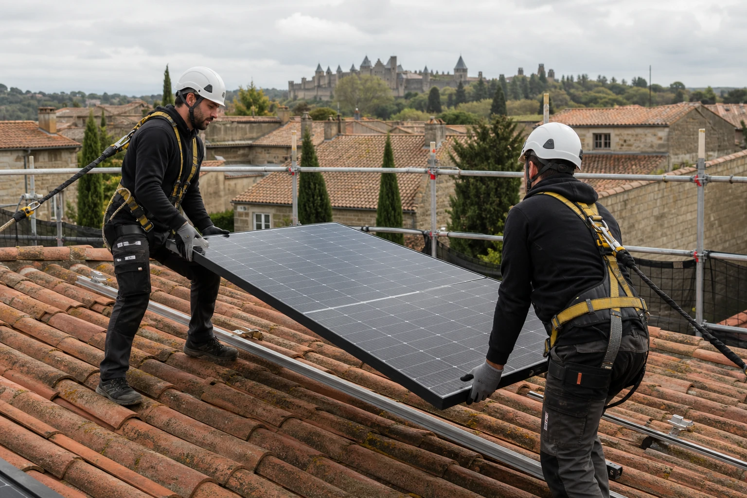 Pose photovoltaïque professionnelle Deux installateurs sécurisés positionnant un module sur une toiture en tuiles