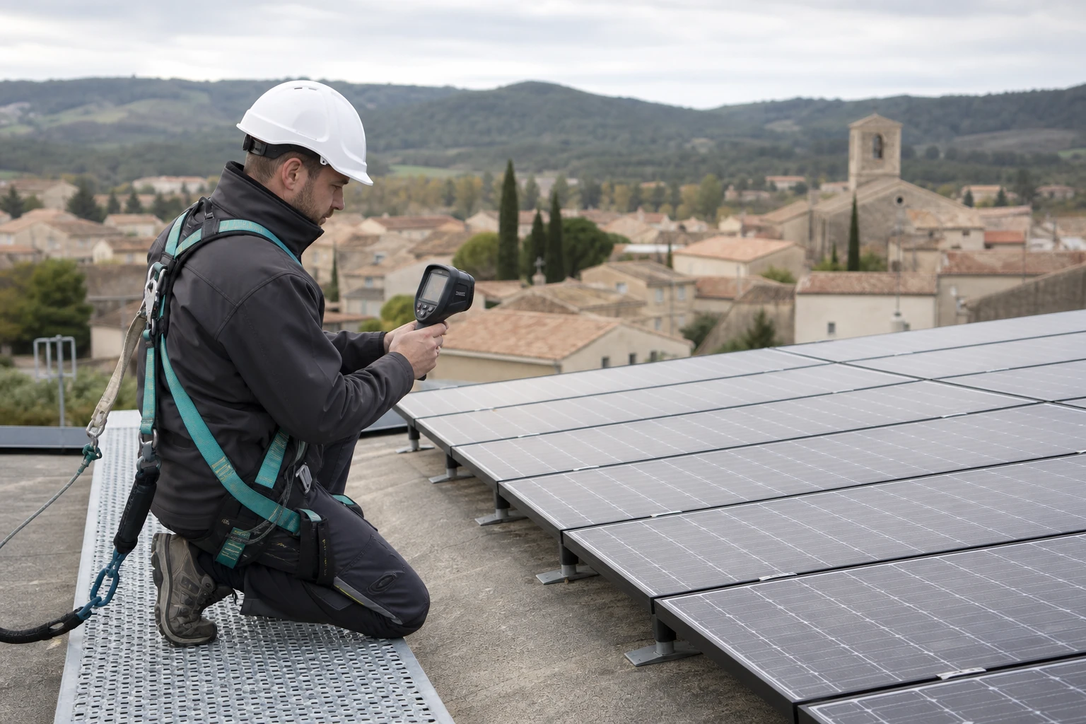 Inspection préventive des modules Technicien utilisant une caméra thermique devant des panneaux photovoltaïques