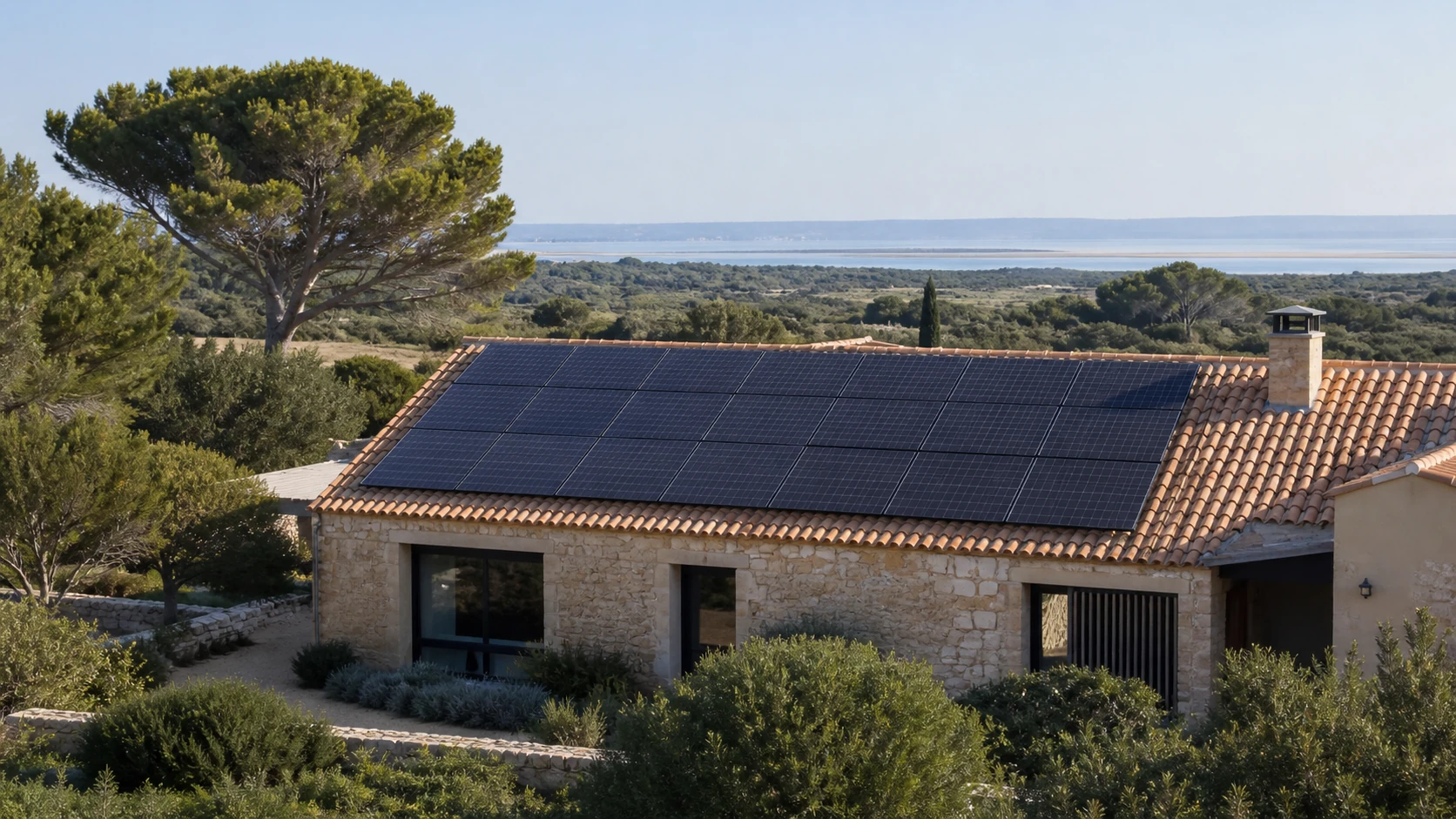 Maison aux abords de Narbonne avec panneaux solaires et végétation méditerranéenne